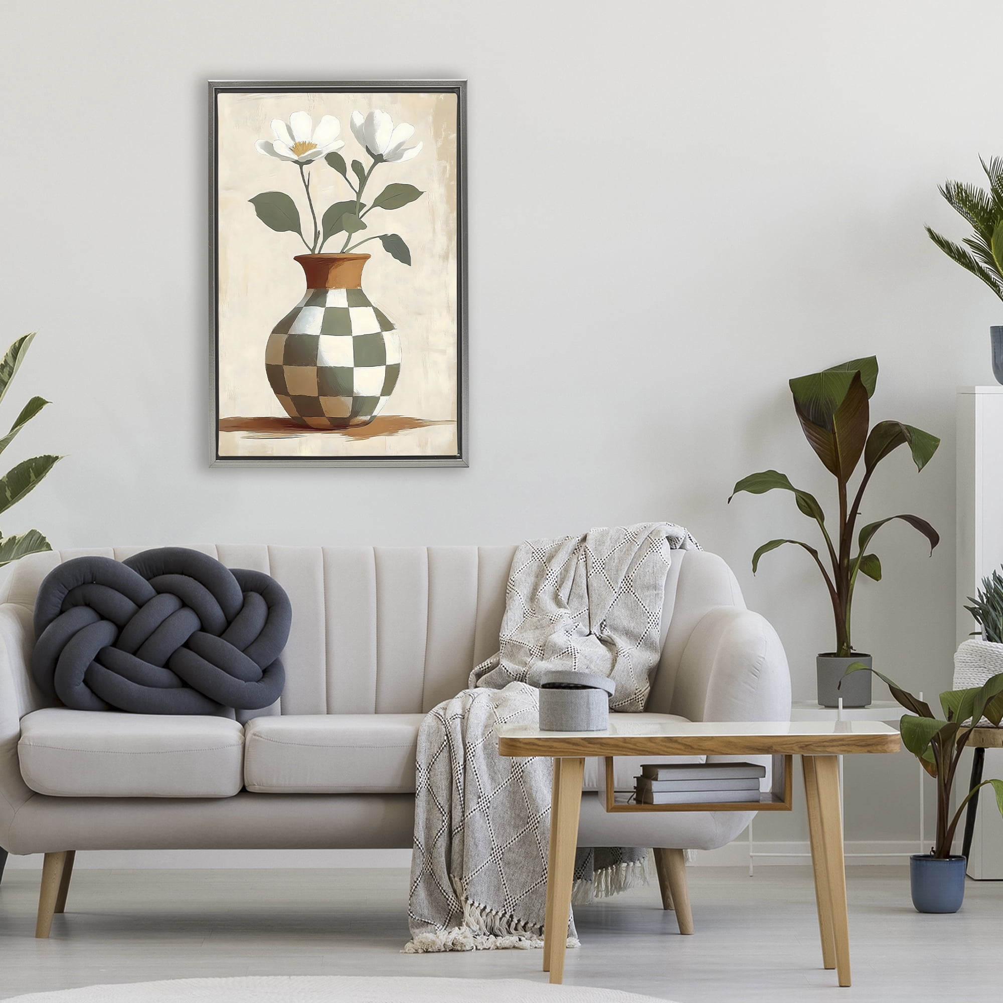 Stupell Industries Checkboard Green Flower Vase Gray Framed Floater Canvas Wall Art, design by Creative Studio