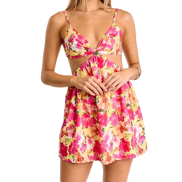 Gupgi Women Floral Mini Dress Summer Sleeveless Spaghetti Strap Hollow Out Tie Bow Back Sundress Boho V-Neck Dresses