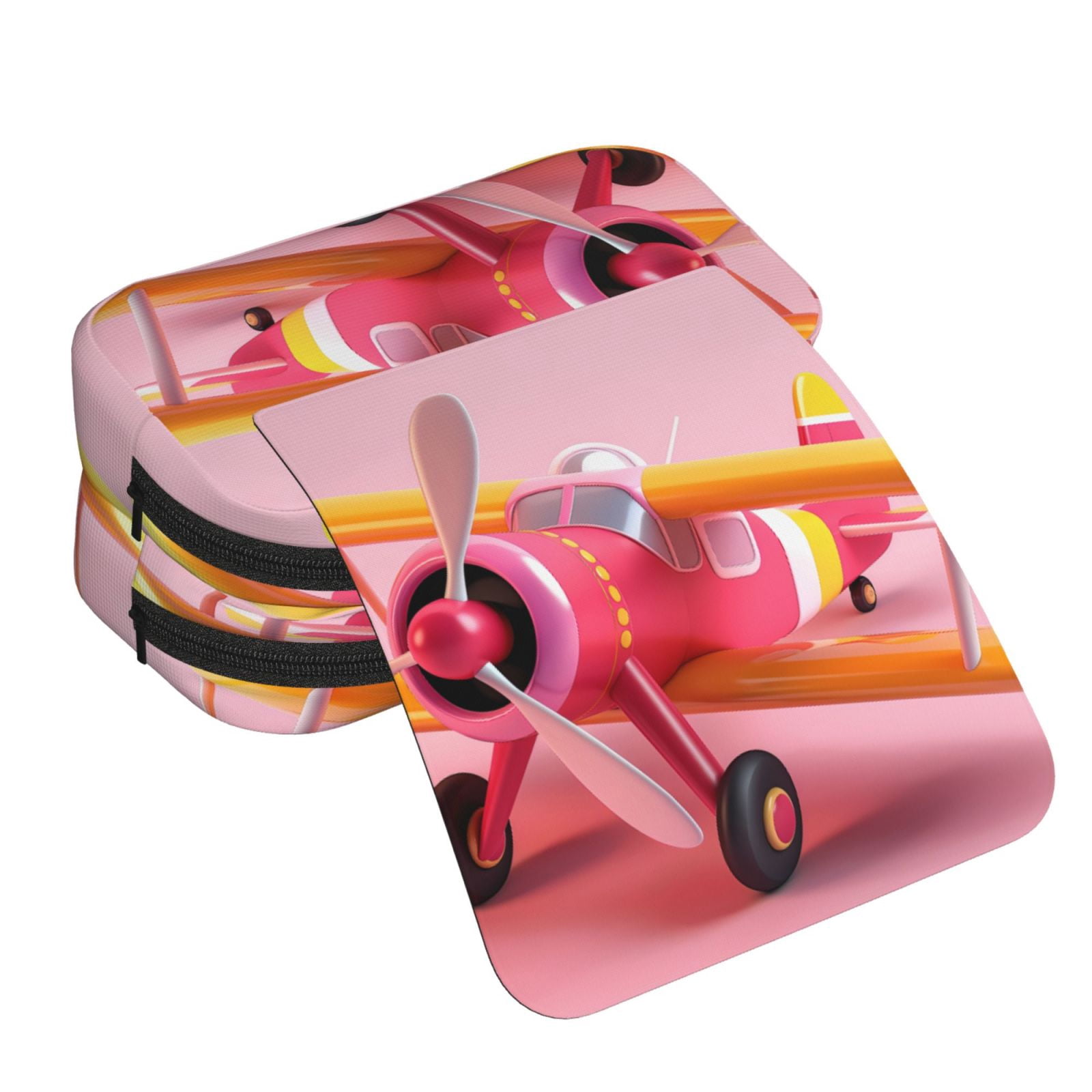 Rateoe Colorful Cartoon Biplane Pattern Double Clamshell Pen Case, Storage Organizer with Two Zipper Compartments– Holds Up to 50 Pencils & Pens