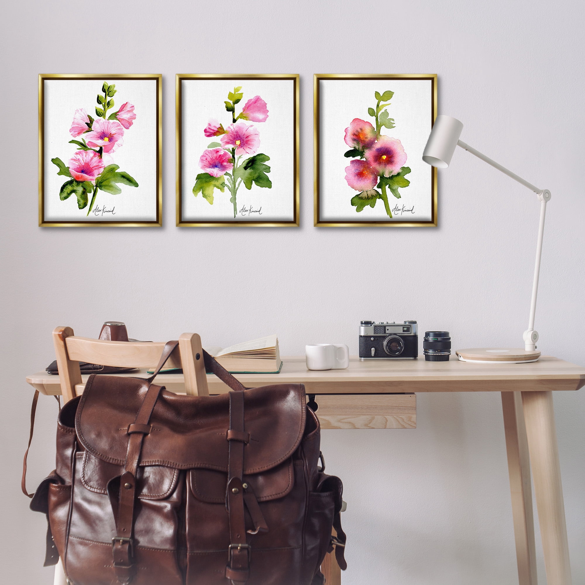 Stupell Industries Pink Flower Watercolors Botanical & Floral Painting Gold Floater Framed Canvas Art Print Wall Art, 17 x 21, Set of 3