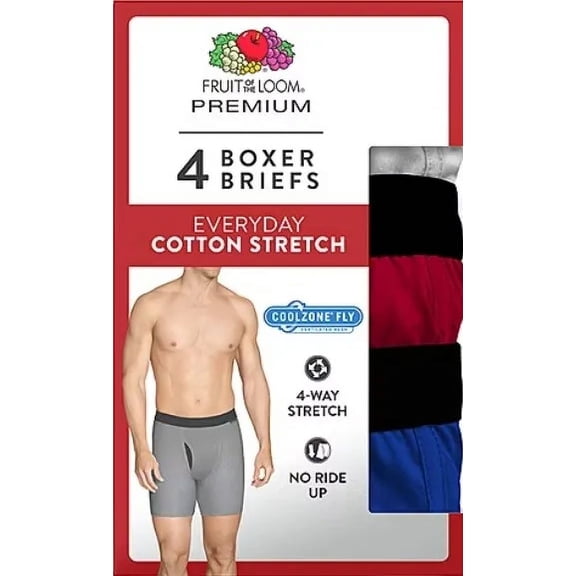 Fruit of the Loom Men's Premium Coolzone Cotton 4-Way Stretch Boxer Briefs 4-PK Assorted Color-L