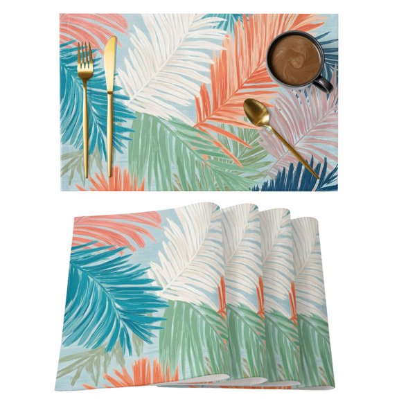 Orange Green Blue Palm Leaves Placemats Set of 8 Summer Tropical Botanical Place Mats Indoor Wipeable Table Mats Washable Cloth Dining Table Placemats for Kitchen Holiday Party Home Decor 13x19 Inch