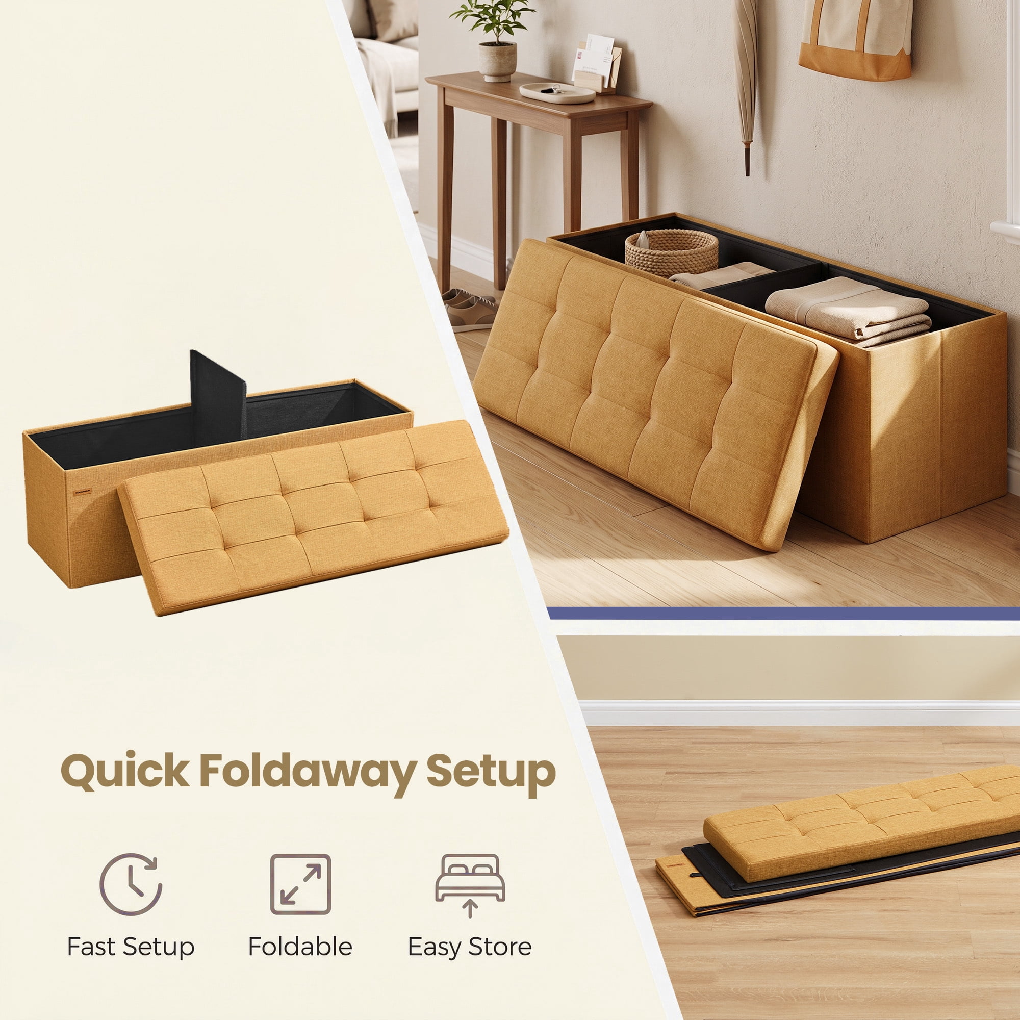 Ledrem 43" Foldable Storage Ottoman Bench, Multi-Functional Seating, Ginger
