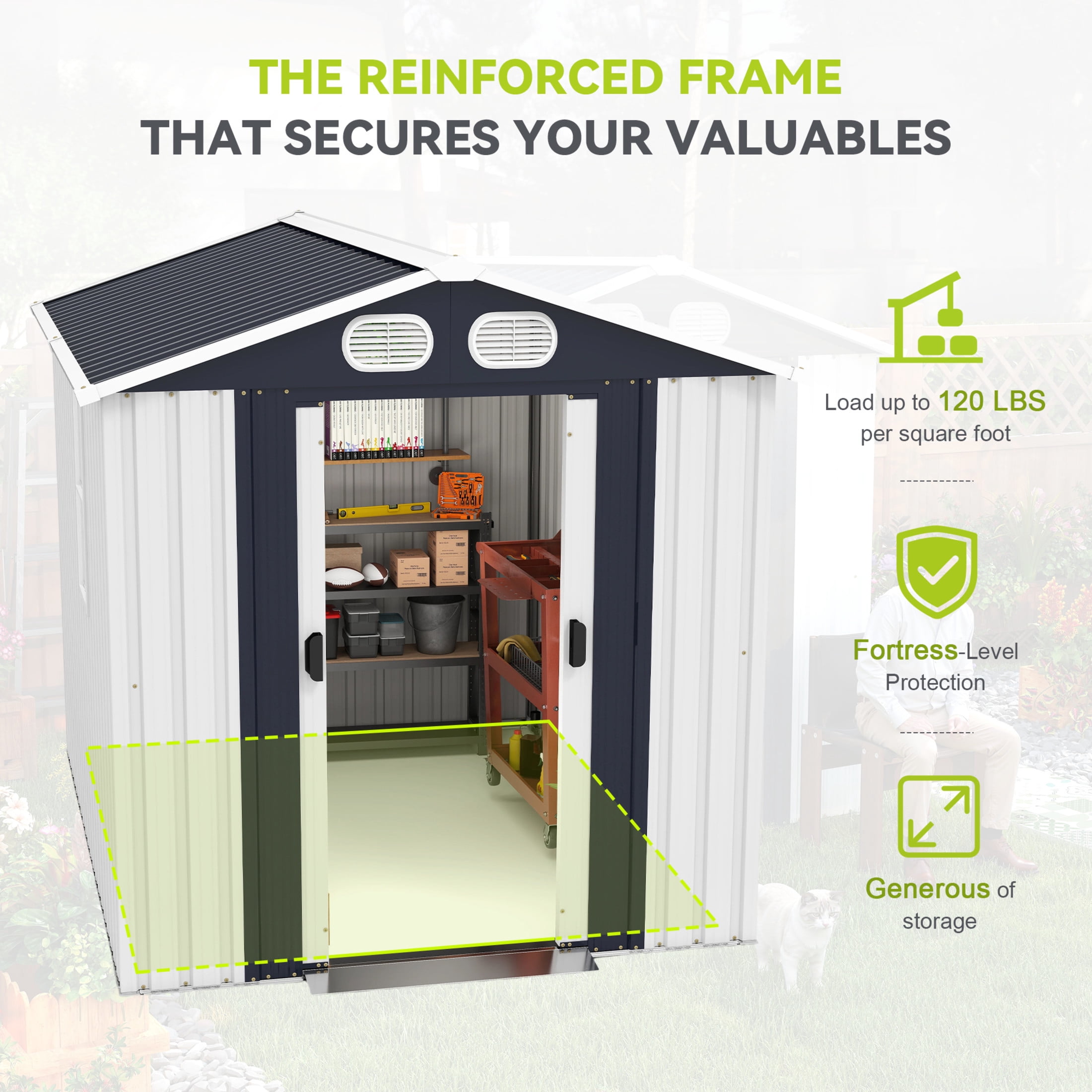 Noble House 8 x 6 FT Outdoor Metal Tool Storage Shed with Lockable Doors and Air Vents, Waterproof Garden Shed, White