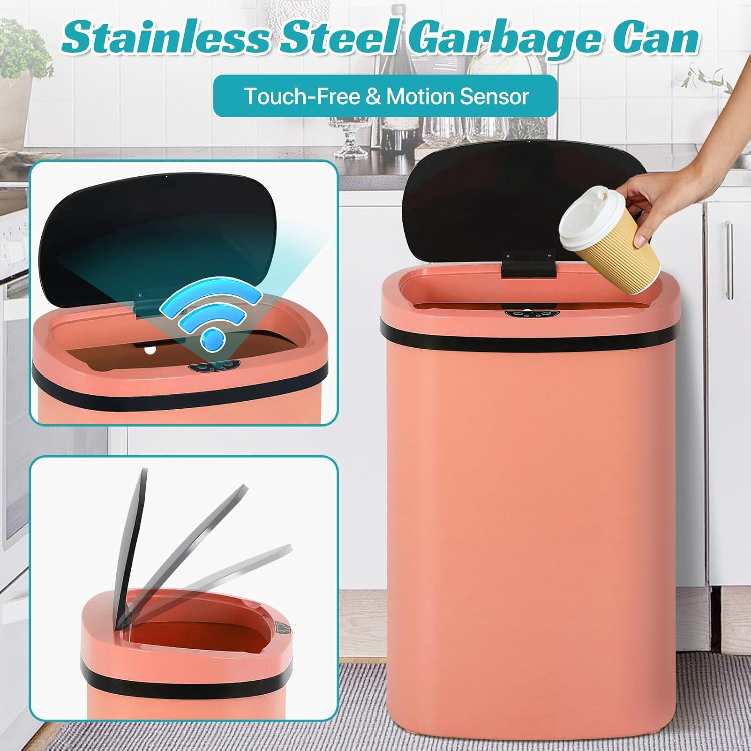 Dkelincs 13 Gallon Automatic Trash Can with Motion Sensor 49L Touchless Kitchen Garbage Can with Removable Lid, Waterproof for Home Bathroom, Pink