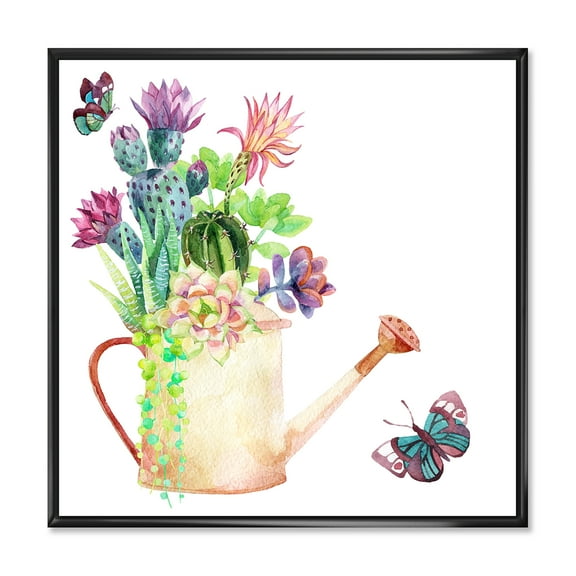 Designart 'Succulents In Old Watering Can With Butterfly' Farmhouse Framed Canvas Wall Art Print