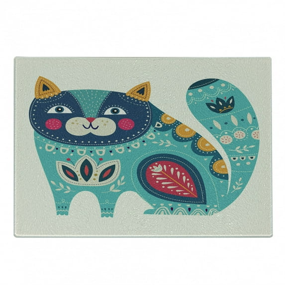 Animal Cutting Board, Smiling Cat with Colorful Paisley Motif Style Art Pet Lover Theme, Decorative Tempered Glass Cutting and Serving Board, Small Size, Multicolor, by Ambesonne