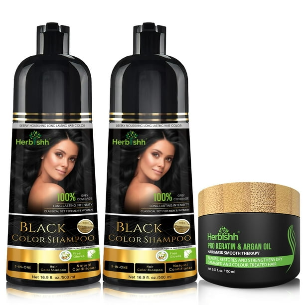 Herbishh Champú tinte capilar + 1pc Mascarilla capilar de argán - Tinte para el Cabello Combo Pack-2pcs (Negro)