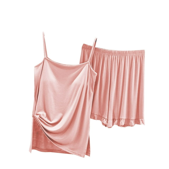 Timegard 2 Piece Sets for Women Pajamas Spaghetti Strap Side Split Camis Ruffle Shorts Summer Outfits