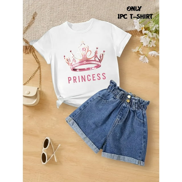Crown Pattern Girls' T-Shirt - Soft Cotton, Short Sleeves And Round Neck - Casual, Chic And Comfortable