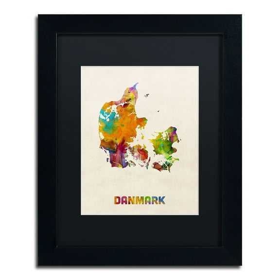 Trademark Fine Art "Denmark Watercolor Map" Canvas Art by Michael Tompsett, Black Matte, Black Frame