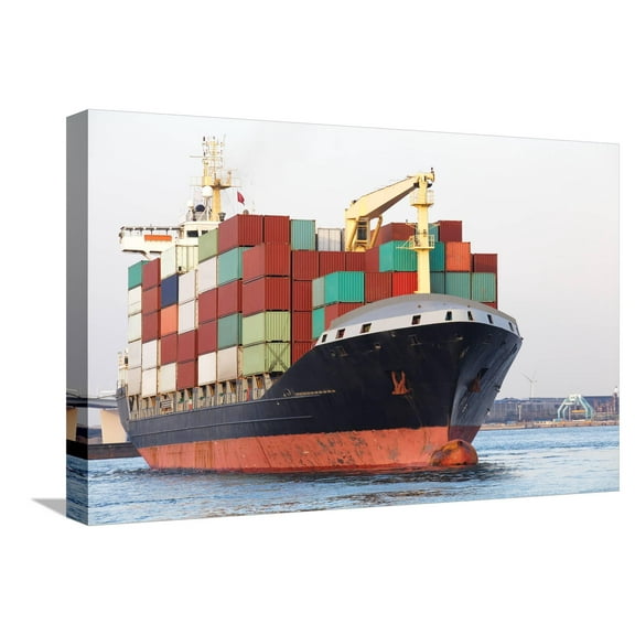 Art.com Cargo Freight Ship with Stacked Container at Harbor Terminal Stretched Canvas Print Wall Art by Torsakarin, 24" x 16"