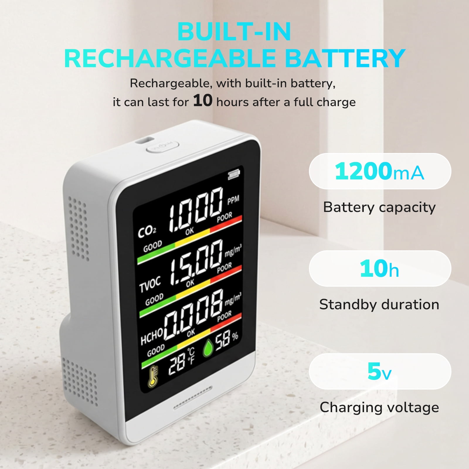 Fil-fresh 5 in 1 Air Quality Monitor Indoor with Real-Time Temp, Humidity & Clock Display Portable CO2 AQI Detector for Home, Office, Car