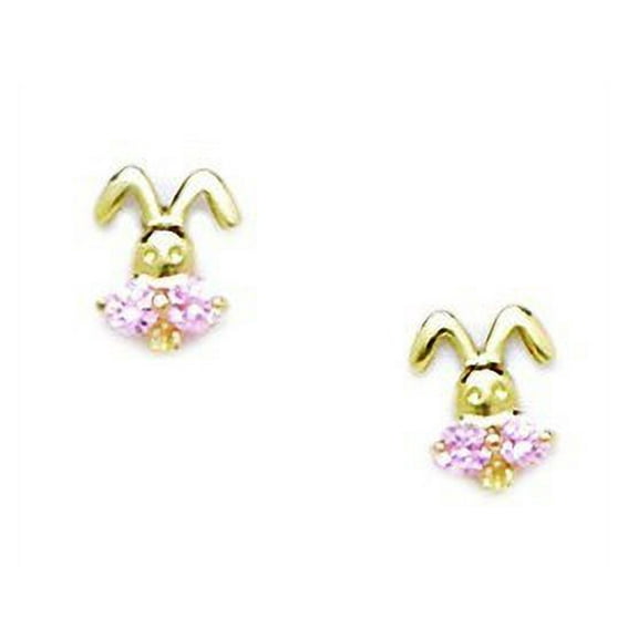 14k Yellow Gold Pink Cubic Zirconia Bunny Rabbit Shaped Screw-Back Earrings - Measures 7x6mm