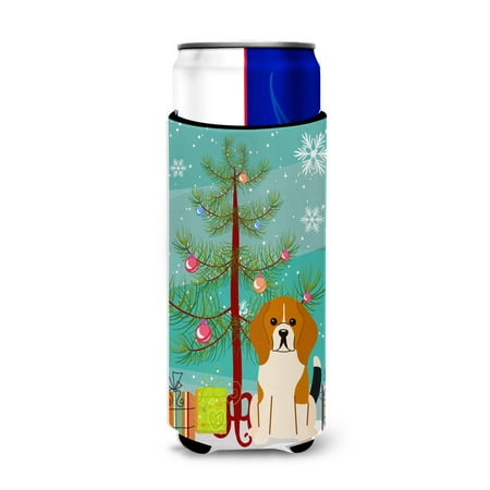 

Carolines Treasures BB4165MUK Merry Christmas Tree Beagle Tricolor Michelob Ultra Hugger for slim cans Slim Can