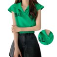 thumbnail image 4 of Blusa de manga corta con estampado de letras para mujer, blusa informal holgada de verano con cuello vuelto, camiseta de punto para mujer, 4 of 8