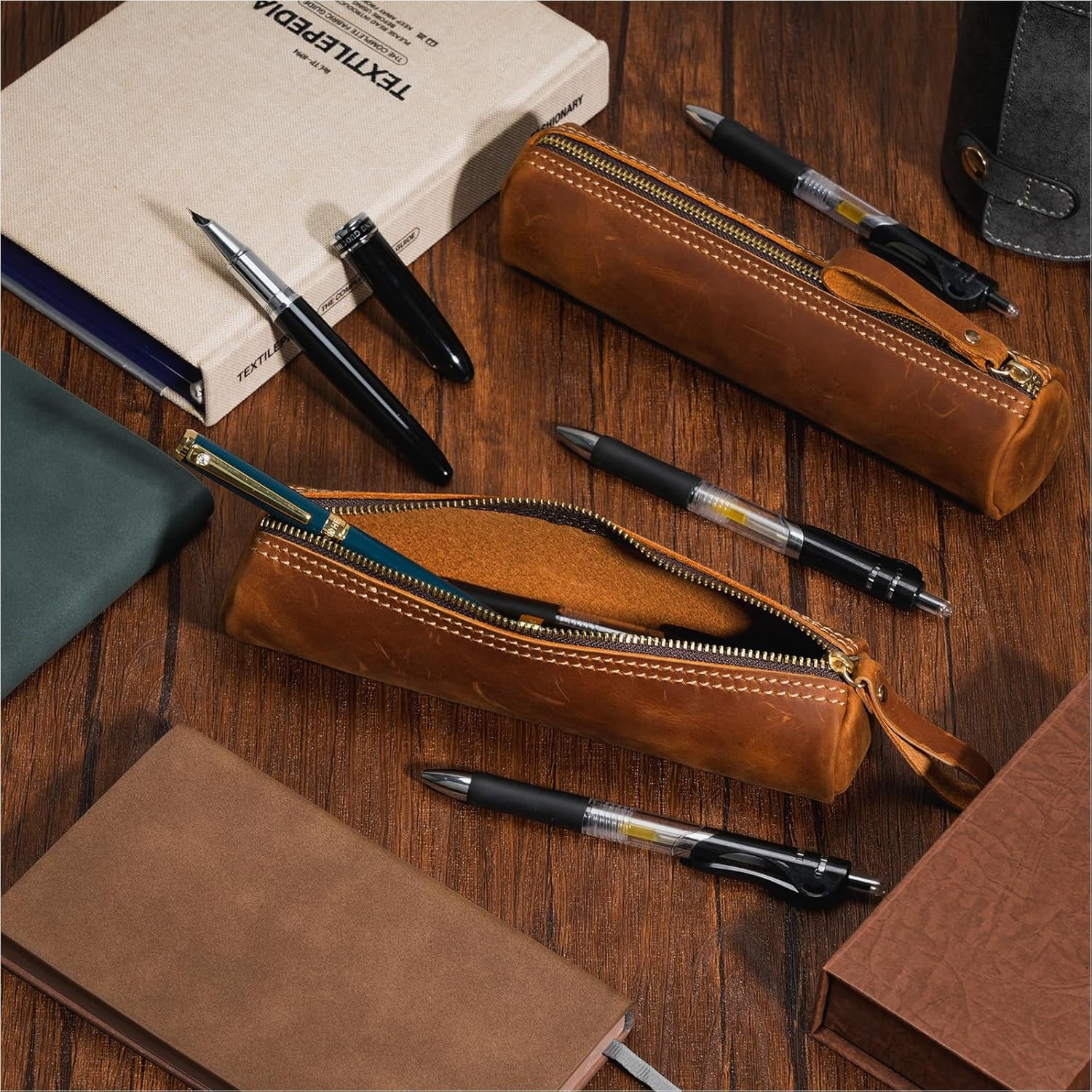 ABPETE Small Pencil Pouch-Genuine Full-Grain Leather Pencil Case for Men- Vintage Leather Pouch for Adults-Stationery Organizer Bag for Work & Travel-Cylinder-Brown
