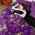 thumbnail image 4 of Feelyou Retro Fashion Damask Bedding Comforter Set 7 Pieces, Western Mandala Paisley Full Bedding Set, Purple Gold Boho Flower Reversible Fitted Sheet Flat Sheet, Ultra Soft Bedroom Decor, 4 of 8