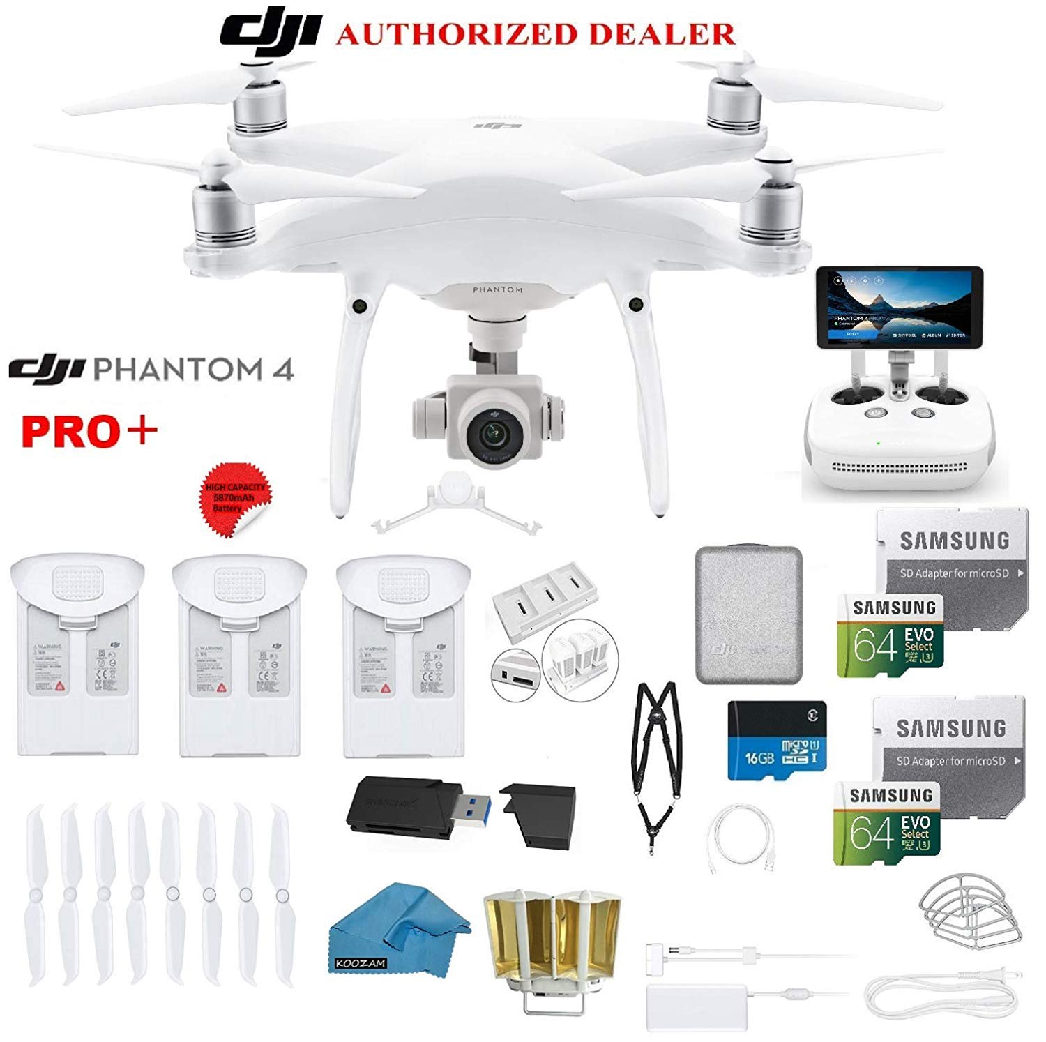 dji phantom 4 pro plus (pro+)quadcopter drone with 1-inch 20mp 4k camera kit with built in monitor + 3 total dji batteries + 2 64gb micro sd cards + reader + guards + range extender + charging hub - image 2 of 5