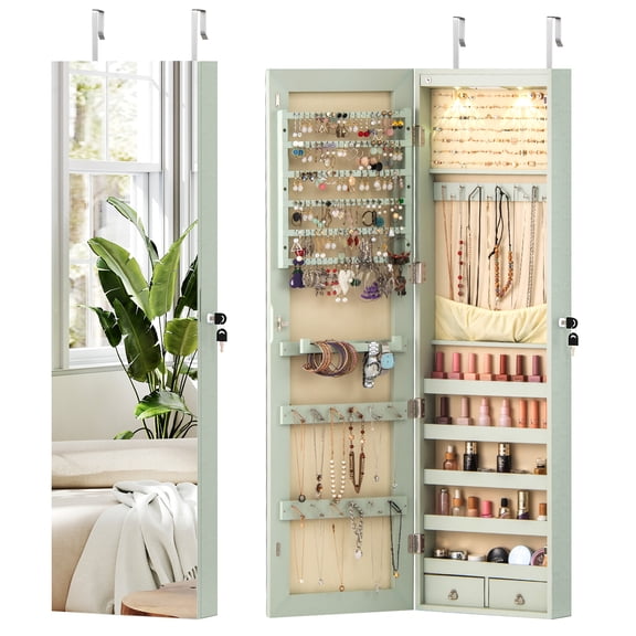 Gymax Mounted Jewelry Cabinet Storage Organizer W/ Lights & Drawer Green