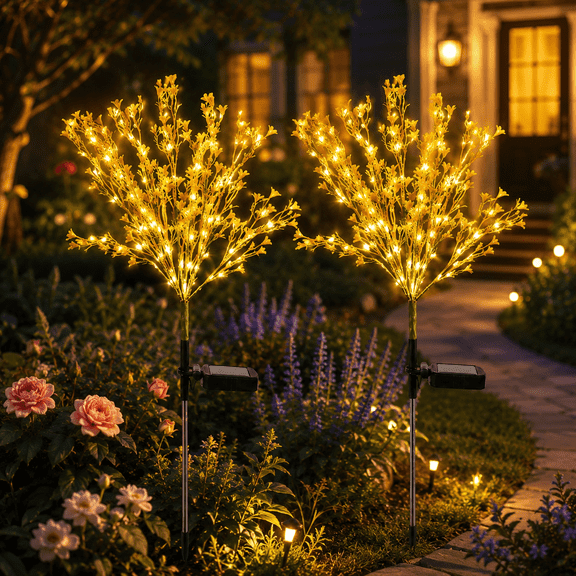 Rirool 2 Pack Solar Canola Flower Garden Lights Outdoor, Yellow Waterproof LED Landscape Pathway Stake Lights with Dusk to Dawn Auto On for Yard Patio Walkway Wedding Spring Decor
