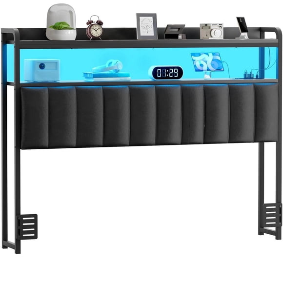 Cabeceras para Cama Matrimonial, Cabecero Tapizado con Estación de Carga Y Luces RGB LED, Cabecero con Almacenamiento, Solo Tablero de Tamaño Completo, Altura Ajustable, Reversible (Matrimonial/Full)