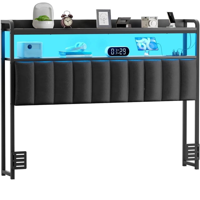 Cabeceras para Cama Matrimonial, Cabecero Tapizado con Estación de Carga Y Luces RGB LED, Cabecero con Almacenamiento, Solo Tablero de Tamaño Completo, Altura Ajustable, Reversible (Matrimonial/Full)