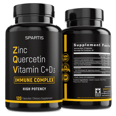 Zinc Quercetin 500mg with Vitamin C Vitamin D3 Bromelain Immune Support High Potency Anti Inflammatory Quercetin Zinc Supplement Immunity Booster ZQV Immune Complex (120-Ct)
