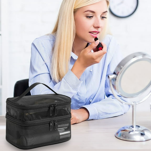 Kadlawus Under $5 ! Two Layer Mesh Cosmetic Bag Travel Toiletry Organizer Large Capacity Makeup Brush Storage Portable Waterproof Case