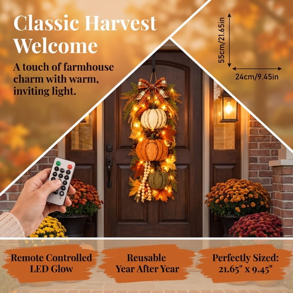 2026 NEW Rustic Wooden Pumpkin Door Hanging with Warm LED Lights, Farmhouse Fall Harvest Decor, Lighted Pumpkin Hanging Ornament for Front Door halloween decorations 1Pc