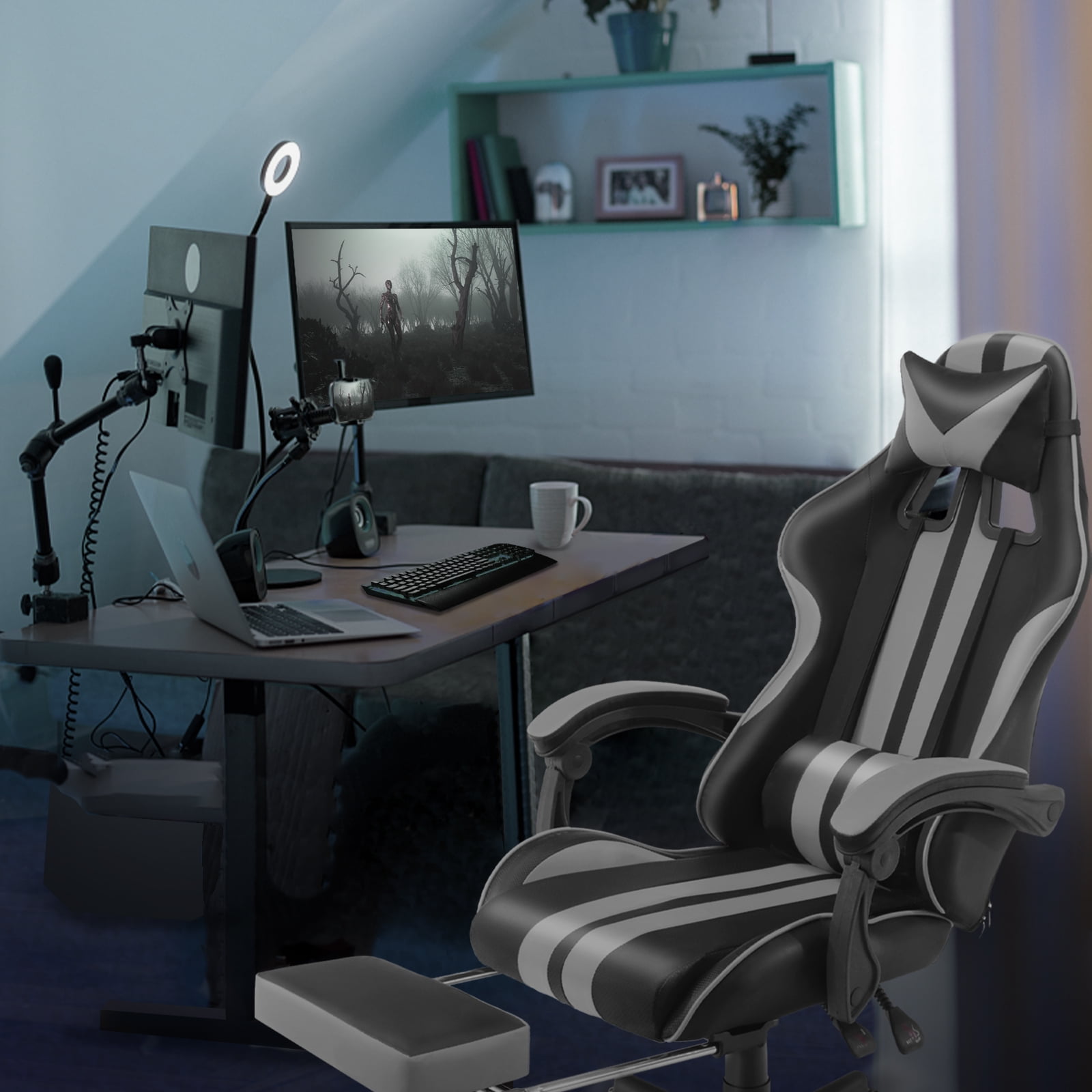 Luxvie Gaming Chair with Footrest High Back Computer Office Gamer Chair with Massage and Headrest Lumbar Support Swivel Seat Ergonomic Game Chair for Adults, Gray