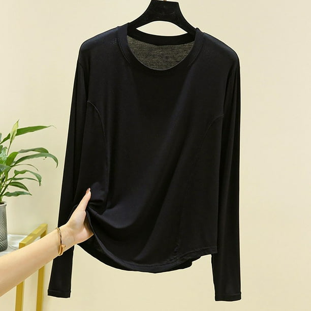 Pijama de manga larga para mujer, ropa interior de algodón con cuello redondo y color liso