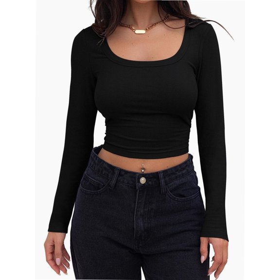 Women Crew Neck Knitted Crop Shirt Long Sleeve Low Cut Basic Solid Tee Sexy Cutout Blouse Top Streetwear