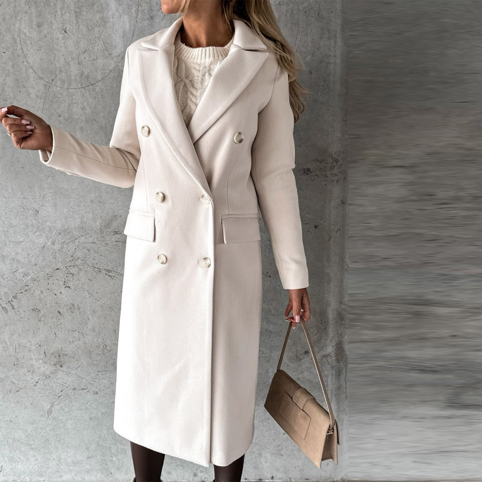 Hfyihgf Women's Double Breasted Trench Coat Classic Notch Collar Long Sleeve Peacoats Winter Warm Slim Fit Long Woolen Jackets Coat with Pockets Clearance(Beige,S) - image 2 of 5