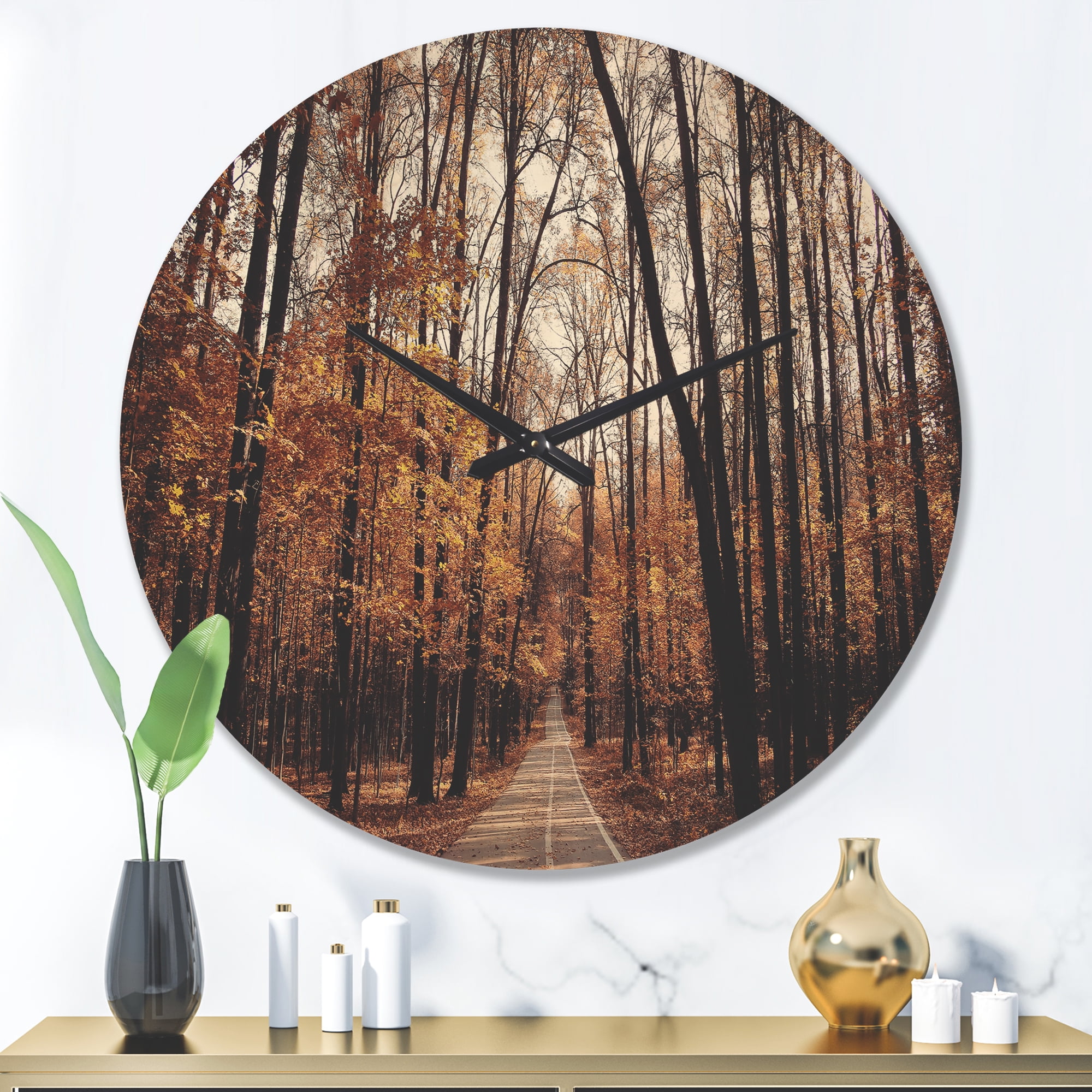 Designart 'Road in Golden Autumn Forest ' Modern Wood Wall Clock