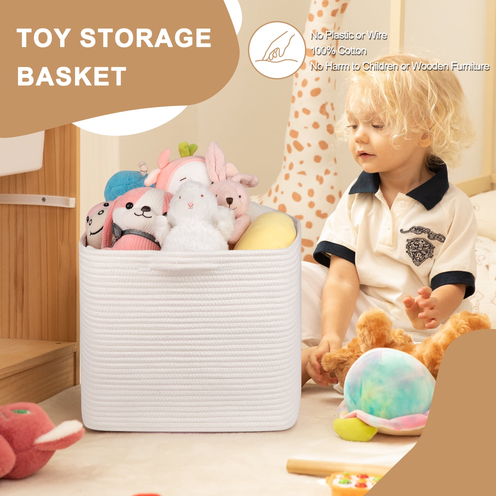 CHERISHGARD Blanket Basket 90L Rectangle Rope Baskets for Storage, Cotton Rope Basket for Bedroom Livingroom Washingroom