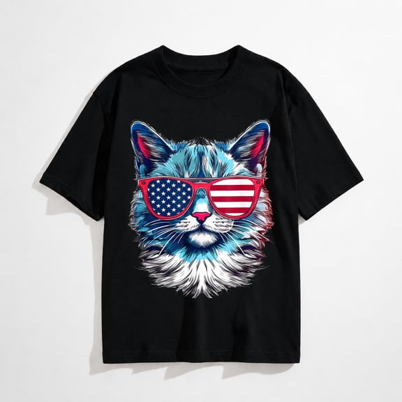Patriotic Cat 4th of July USA FlagAmerican Cat Sunglasses USA Flag 4th of July Cat Graphic T-Shirt