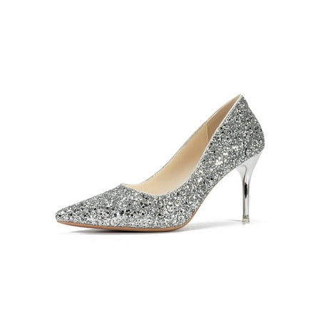 

Gomelly Womens Dress Shoes Pointed Toe Pumps Wedding Shoes Bridal Heels Ladies Sparkly Stiletto Heels Silver 8