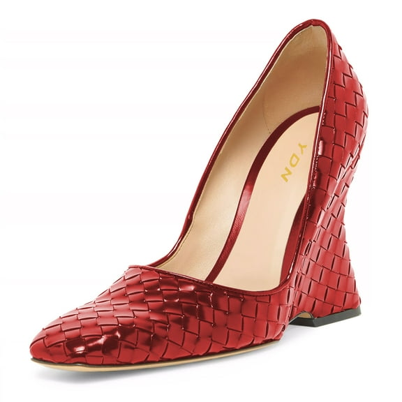 YDN Women Graceful Square Closed Toe Slip On Pumps Wedge High Heels Dressy Business Office Prom Braided Shoes Size 7 Red