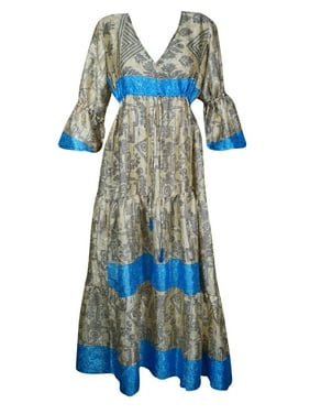 Mogul Women Beige Vintage Sari Flower V Neck Maxi Dress With Bell Sleeves Long Fitting Dress