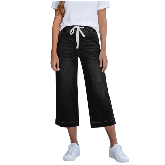 Capris Jeans for Women Trendy Wide Leg Capri Pants High Waisted Pull on Elastic Waist Summer Stretch Denim Jeans Women Baggy Barrel Jeans Migroa Black L