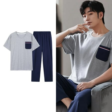 

QWZNDZGR Summer Knitted Cotton Mens Pyjamas Casual Short Tops Lattice Long Pants Sets V-neck Pajamas Fashion Men Sleepwear 5XL Homewear