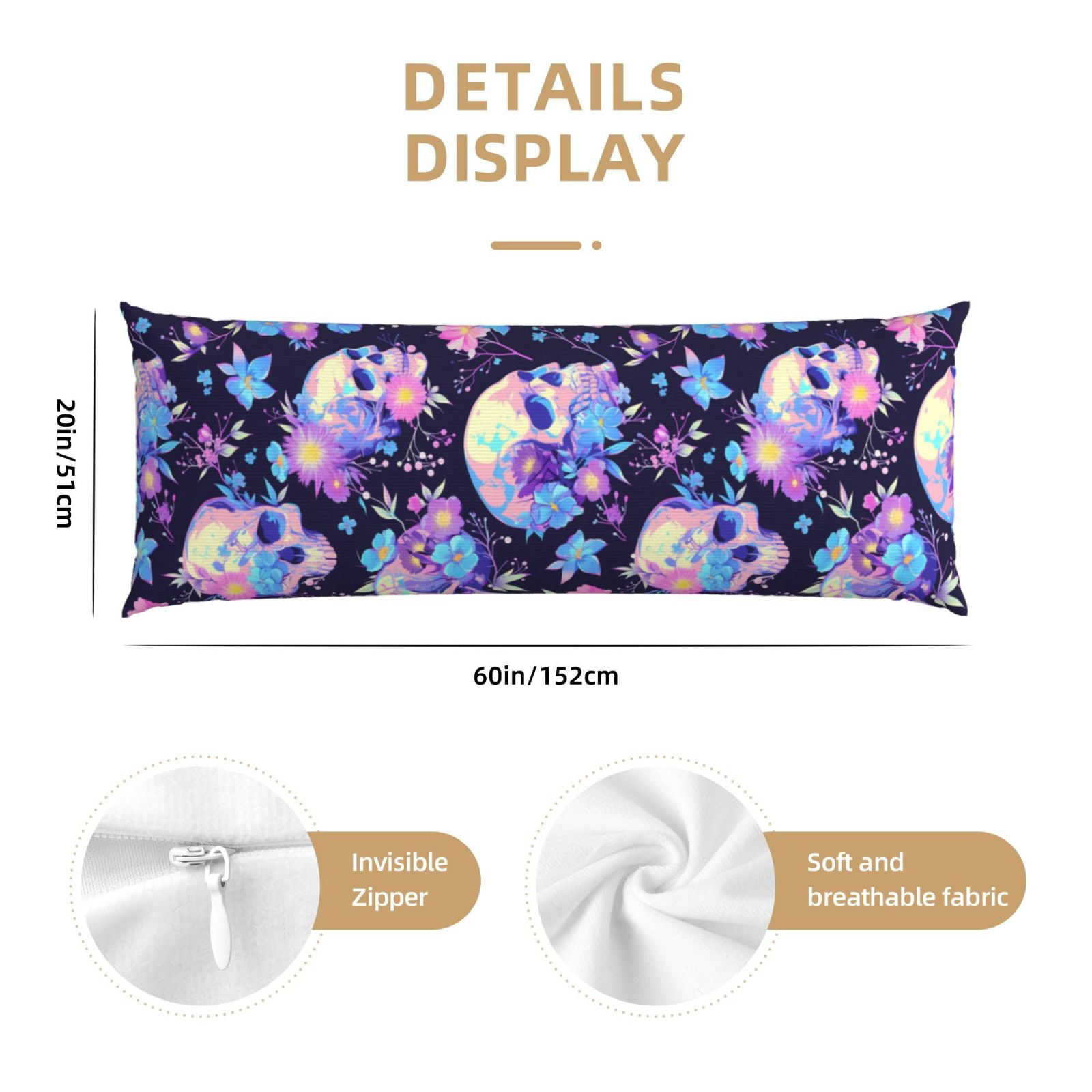 Naloa cool flower Skull Super Soft 20x60 Body Pillow Case,Long Side Hidden Zipper（PILLOWS ARE NOT INCLUDED）