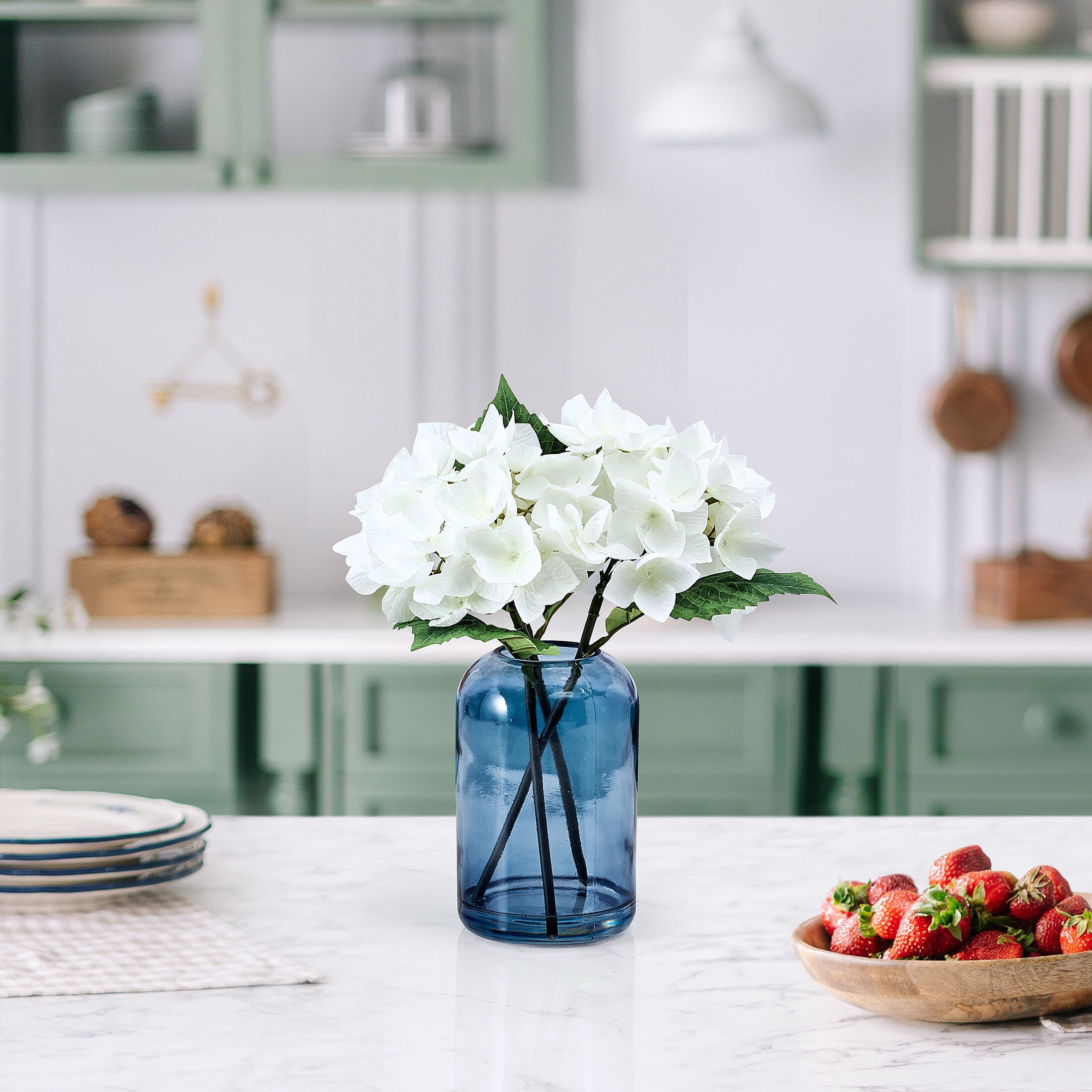 Elements 11.8 inch Realistic Look and Feel Artificial White Hydrangea Arrangement in Blue Glass Vase