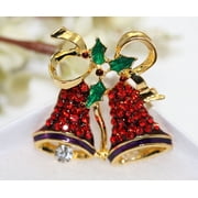 Rhinestone Double Bell Bowknot Brooch Pin for Xmas Gift, Christmas Jewelry, Holiday Holly Christmas Bells