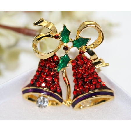 Vintage Rhinestone Double Bell Bowknot Brooch Pin for Xmas Gift, Christmas Jewelry, Holiday Holly Christmas Bells