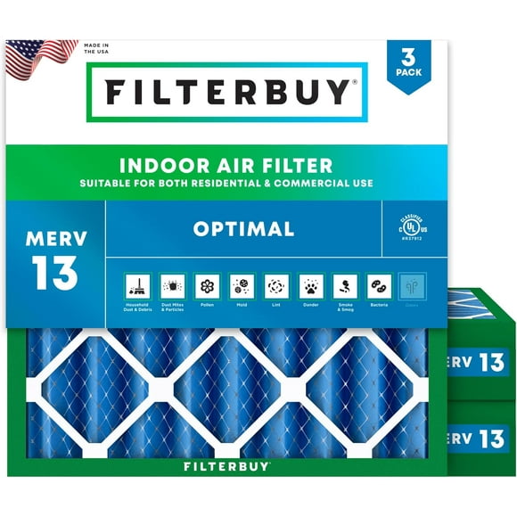 Filterbuy 16x16x4 MERV 13 (MPR 1900) Health Defense, Pleated HVAC AC Furnace Air Filters (3-Pack)