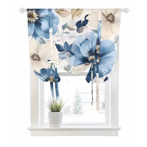Botanicals Flower Tie Up Curtains for Window, Thermal Insulated Balloon Shade Adjustable Rod Pocket Curtains Valance Panels for Kitchen Bathroom Cafe 52 x 45 Watercolor Blue Plant Eucalyptus