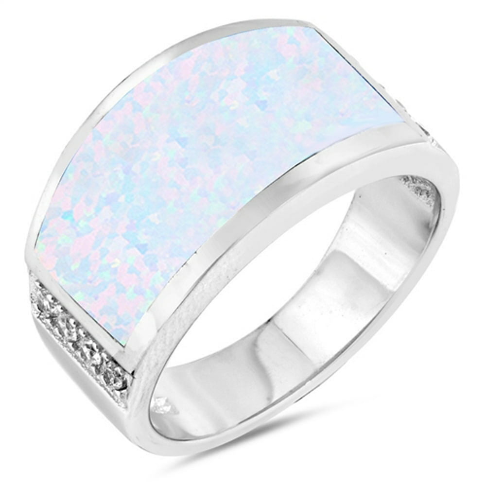 Sac Silver Wide Large White Simulated Opal Fashion Ring