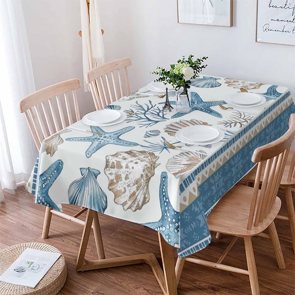 Blue Coastal Nautical Tablecloth Rectangle Table Cloth 60x84 , Waterproof Tablecloth Outdoor Table Cloth, Summer Beach Starfish Shell Coral Washable Table Cover for Kitchen Dining Party